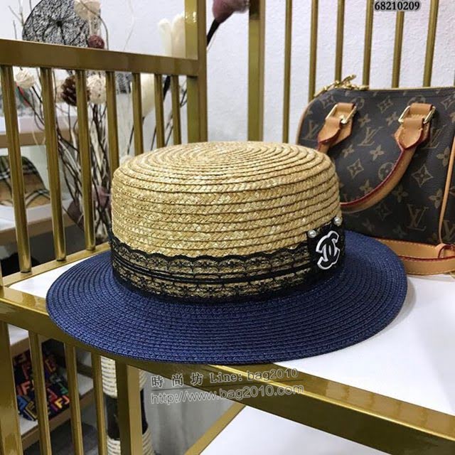 Chanel女士帽子 香奈兒簡約拼接蕾絲草編草帽盆帽禮帽  mm1401